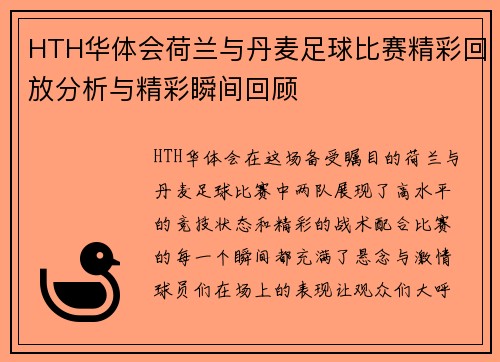 HTH华体会荷兰与丹麦足球比赛精彩回放分析与精彩瞬间回顾